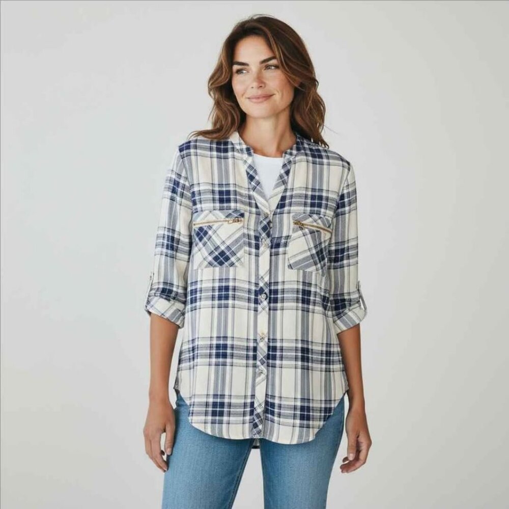 Blue and White Plaid Button-Up Shirt - SMALL - NEW WITHOUT TAGS!